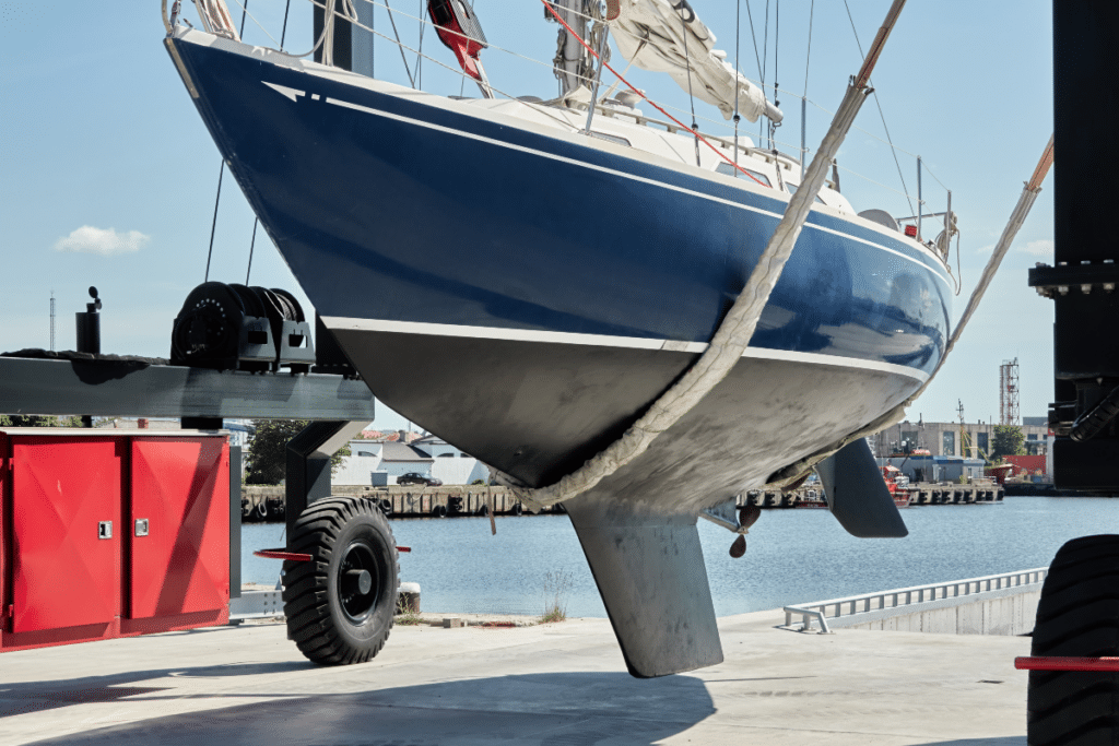 Bateau soulevé par une grue qui est remise dans l'eau après l'hivernage